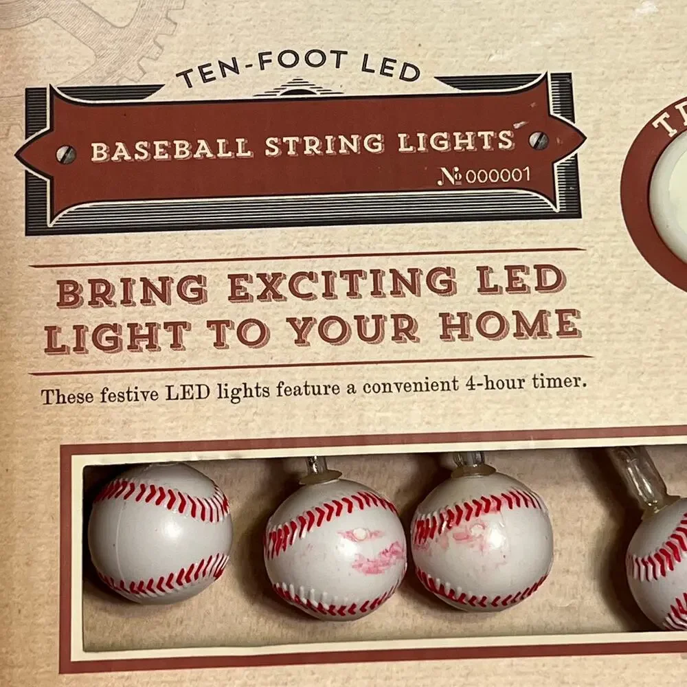 New In Box LED BASEBALL String Lights 4 Hour Timer 10 Foot Long Party Novelty